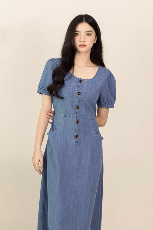 BEXLEY DENIM PUFFY SLEEVE MIDI DRESS