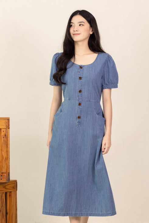 BEXLEY DENIM PUFFY SLEEVE MIDI DRESS