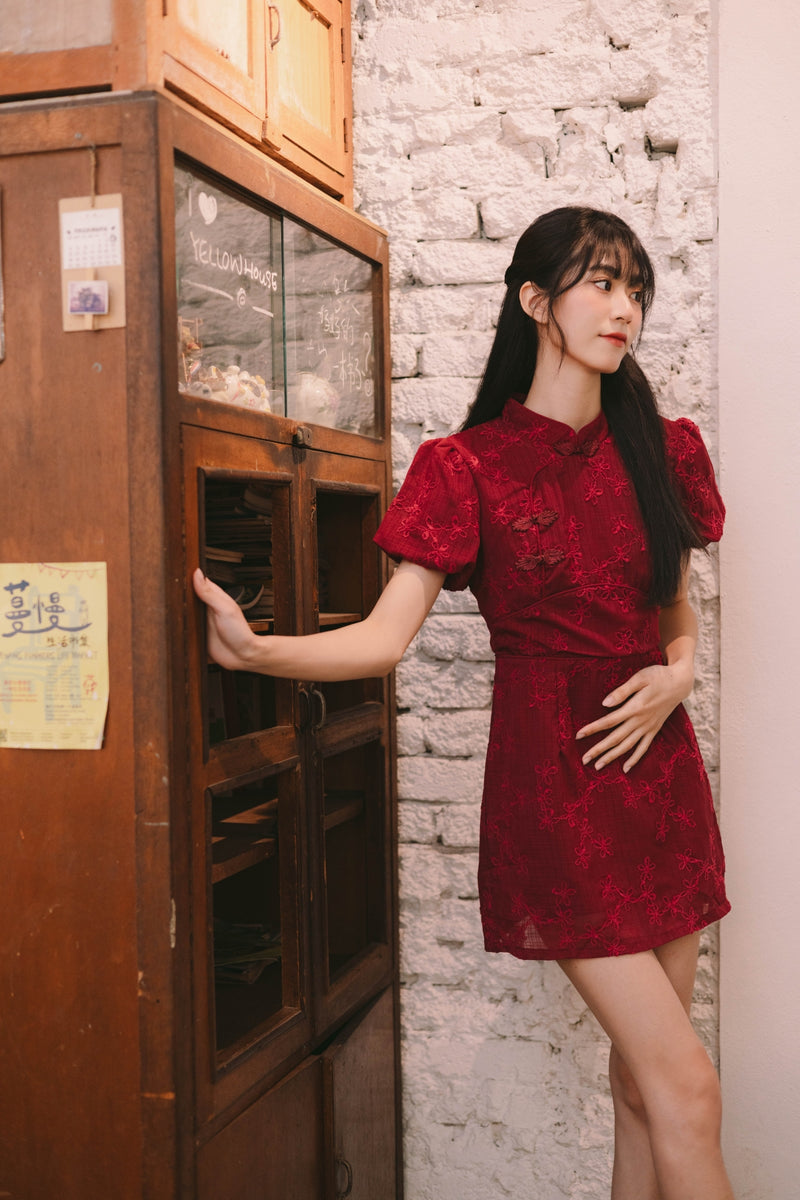 ELOWEN MANDARIN COLLAR DRESS WITH INNER SHORTS [RED] – Tayle Label